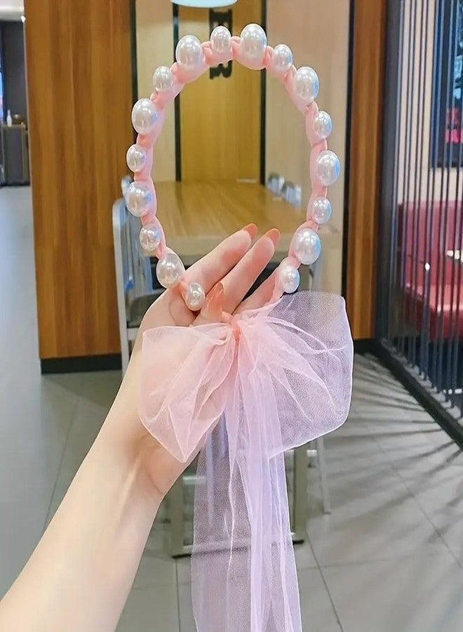 Ashkash 1Pcs Kids Girls Pearl Headbands with Chiffon Ribbon, White Pearl Hairbands Bridal Hair Hoop Cute Headbands Party Wedding Hair Accessories - Random Color - Image 3
